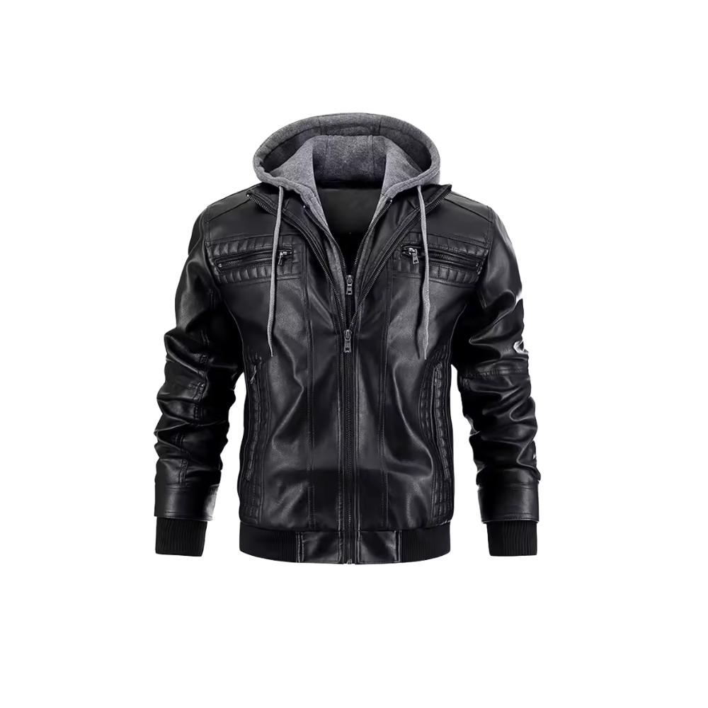 Men's Biker Style Full Sleeves Hooded Jacket with Chest and Side Pockets