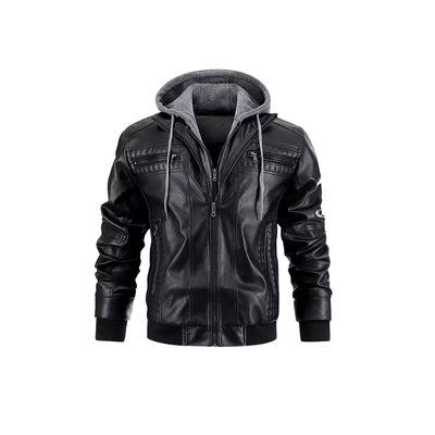 Men's Biker Style Full Sleeves Hooded Jacket with Chest and Side Pockets