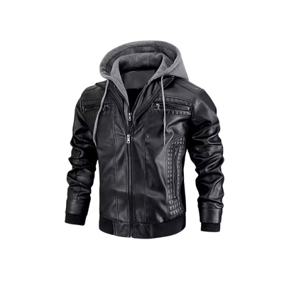 Men's Biker Style Full Sleeves Hooded Jacket with Chest and Side Pockets