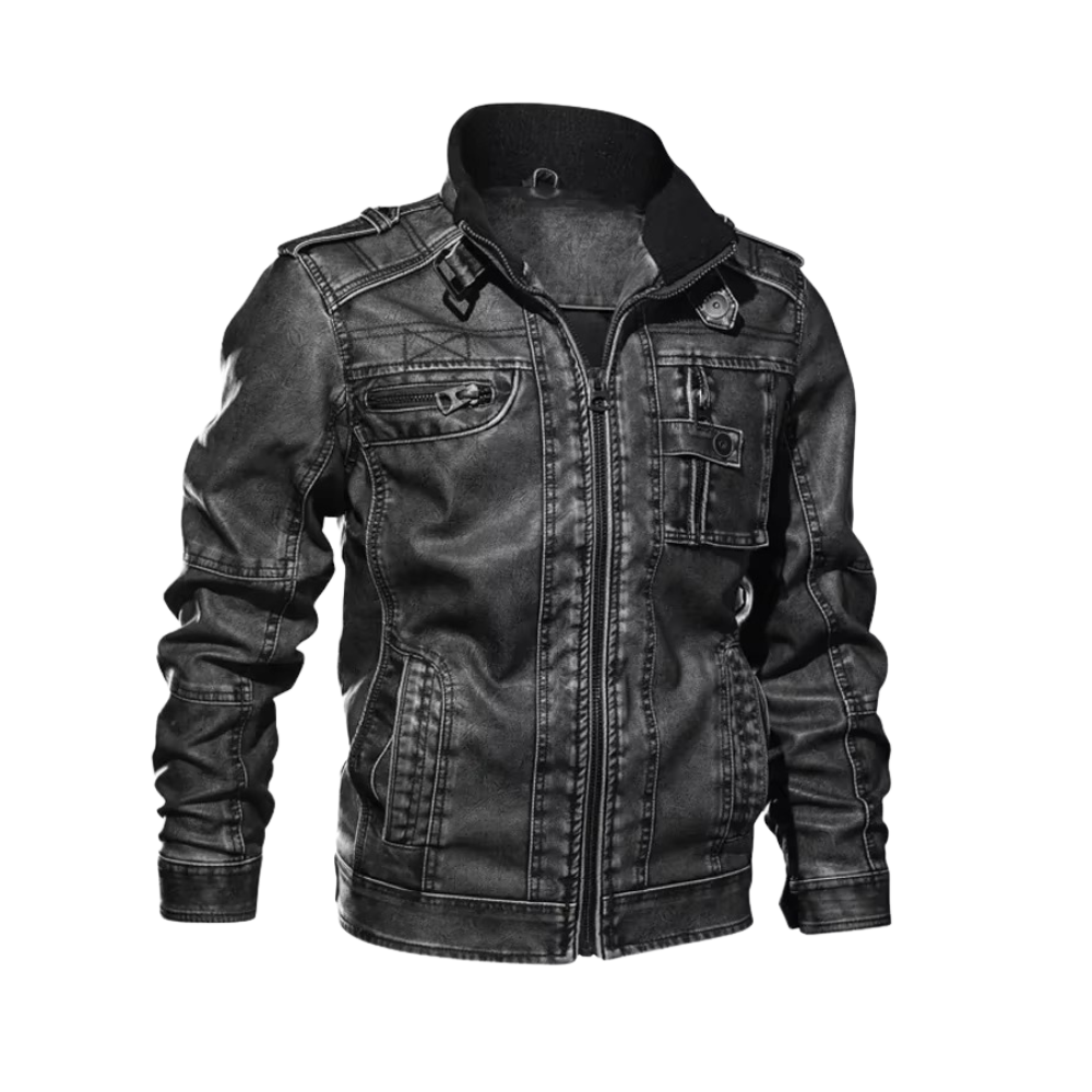 Men’s Vintage Biker Jacket with Mandarin Collar and Full Zipper