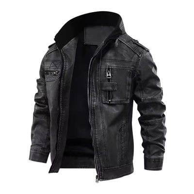 Men’s Vintage Biker Jacket with Mandarin Collar and Full Zipper