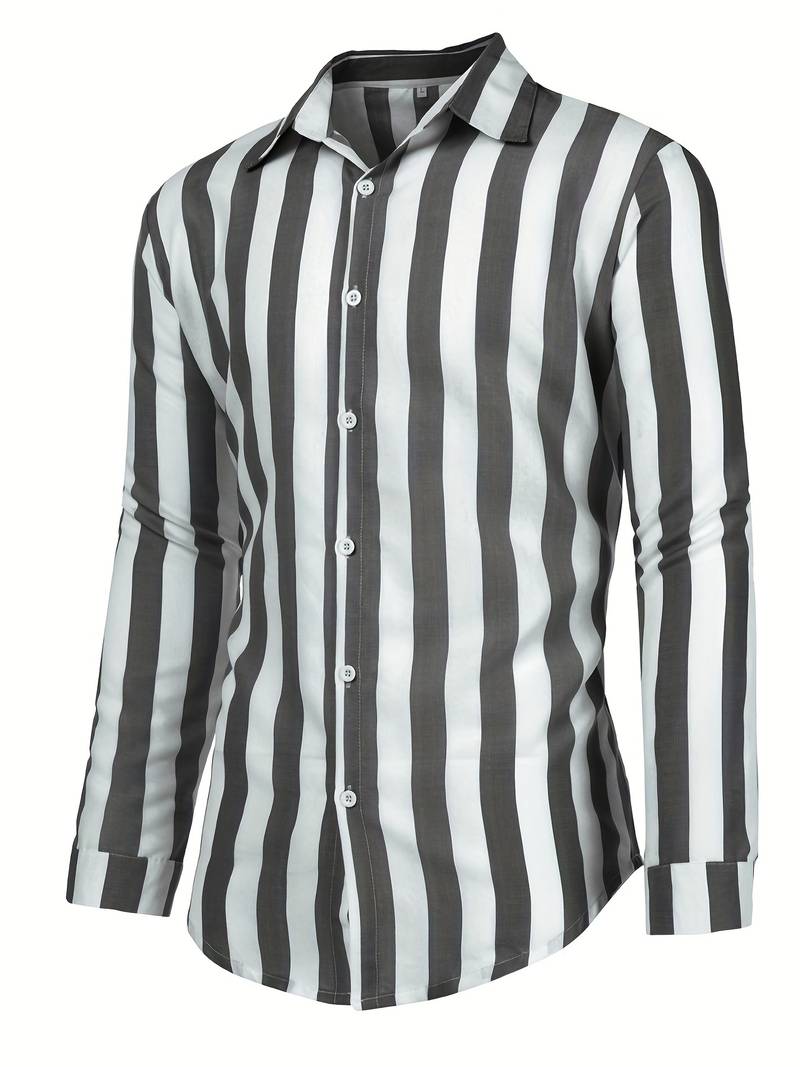 Men’s Long Sleeve Button Shirt with Striped Pattern for Daily Use