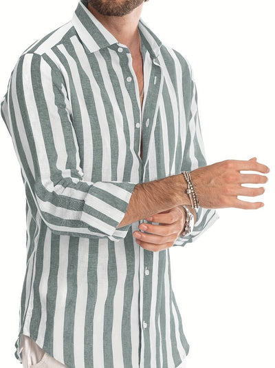 Men’s Long Sleeve Button Shirt with Striped Pattern for Daily Use