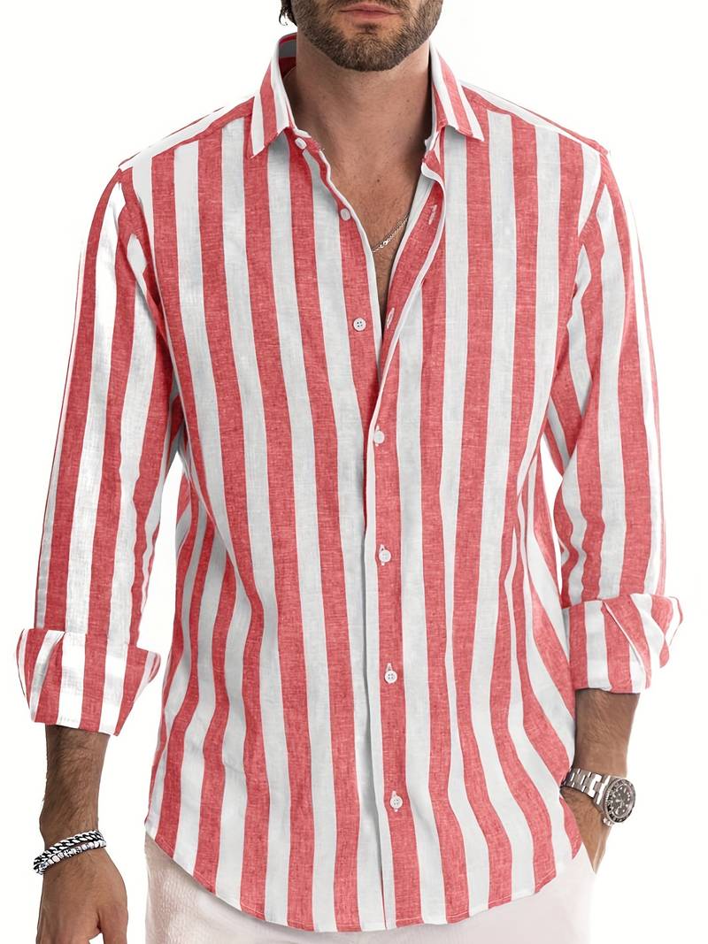 Men’s Long Sleeve Button Shirt with Striped Pattern for Daily Use
