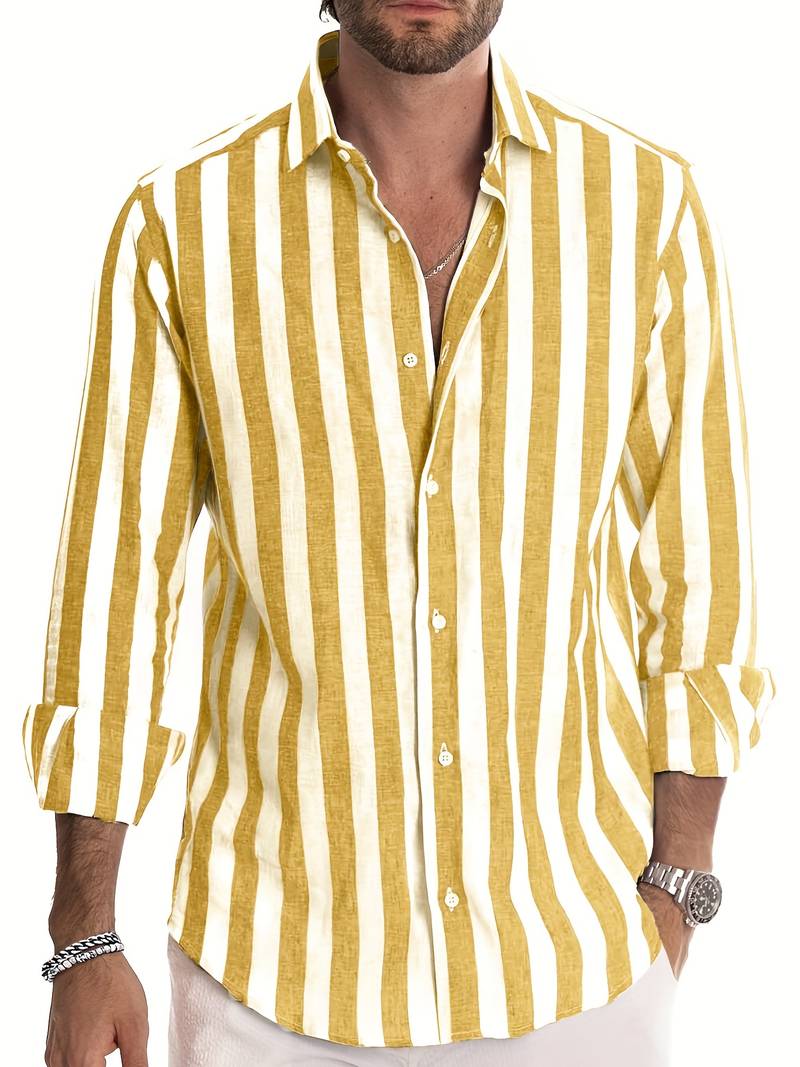 Men’s Long Sleeve Button Shirt with Striped Pattern for Daily Use