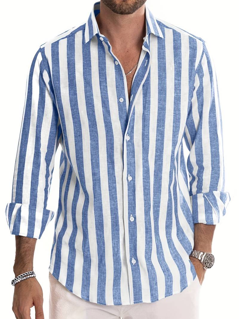 Men’s Long Sleeve Button Shirt with Striped Pattern for Daily Use