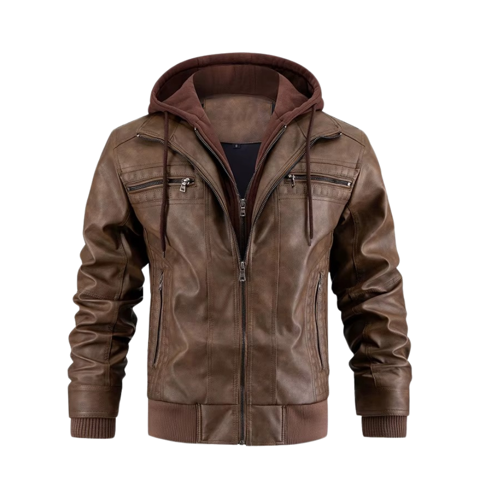 Men's Biker Style Full Sleeves Hooded Jacket with Chest and Side Pockets