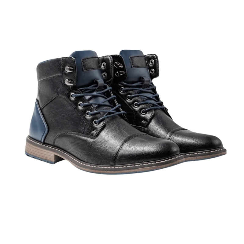 Men's Cap Toe Lace Up Boots with Pull Tab and Stacked Heel