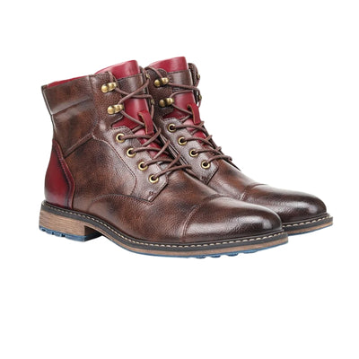 Men's Cap Toe Lace Up Boots with Pull Tab and Stacked Heel