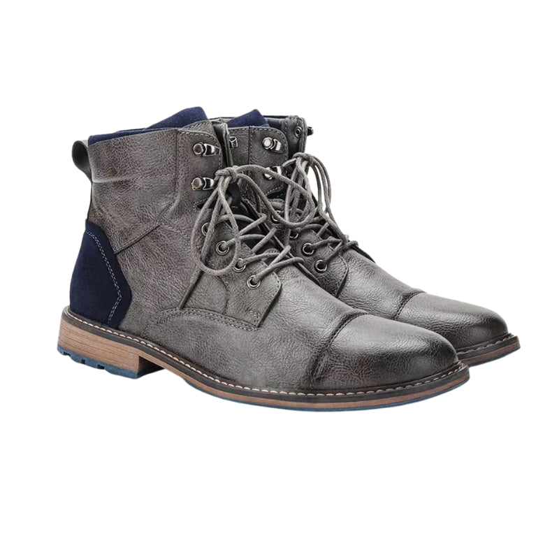 Men's Cap Toe Lace Up Boots with Pull Tab and Stacked Heel
