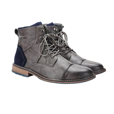 Men's Cap Toe Lace Up Boots with Pull Tab and Stacked Heel