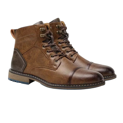 Men's Cap Toe Lace Up Boots with Pull Tab and Stacked Heel