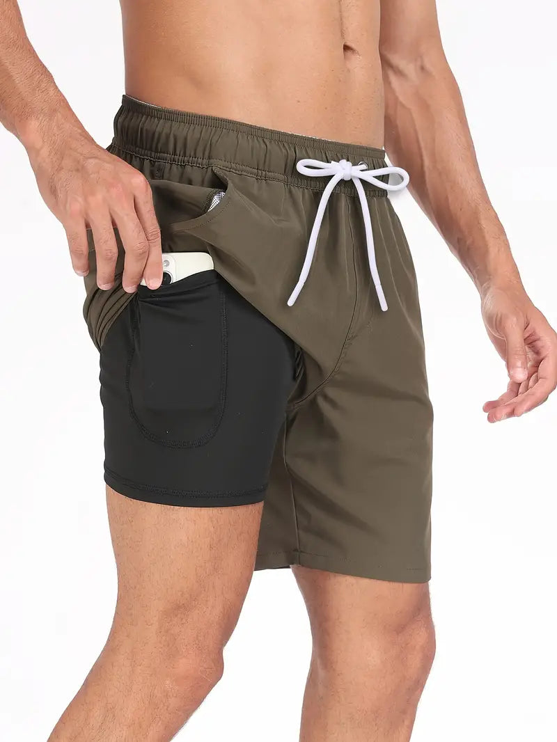 Men's Quick-Dry Drawstring Beach Shorts with Phone Pocket