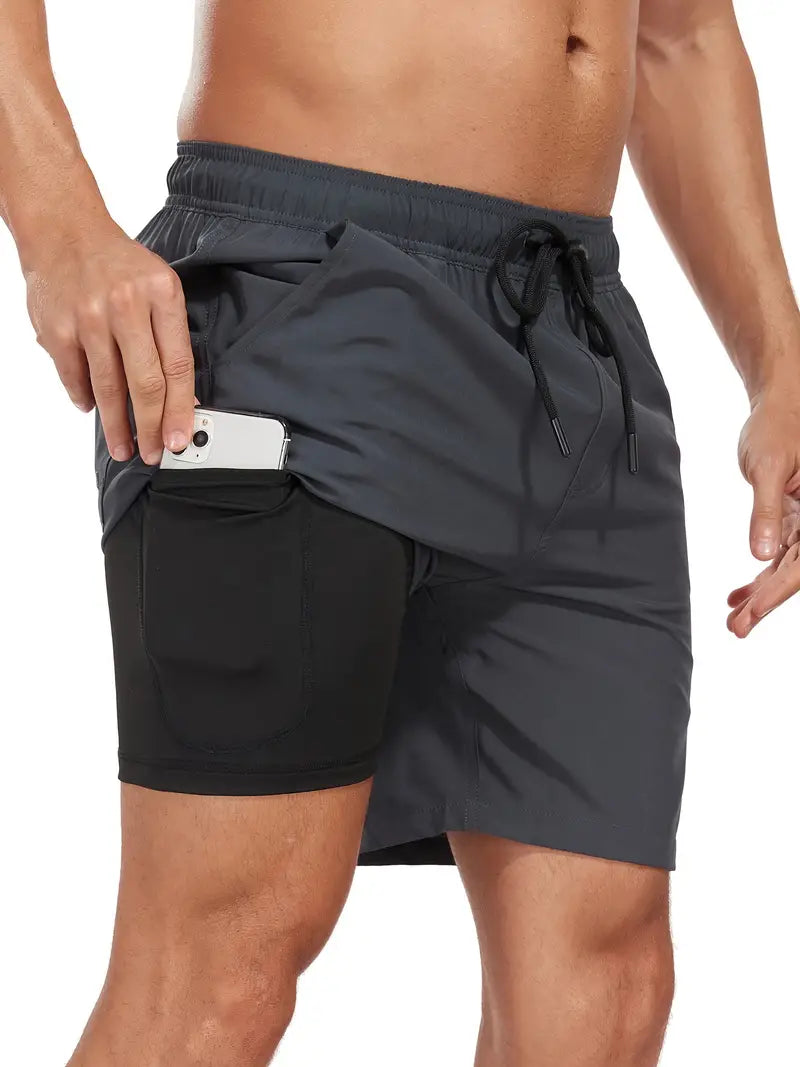 Men's Quick-Dry Drawstring Beach Shorts with Phone Pocket