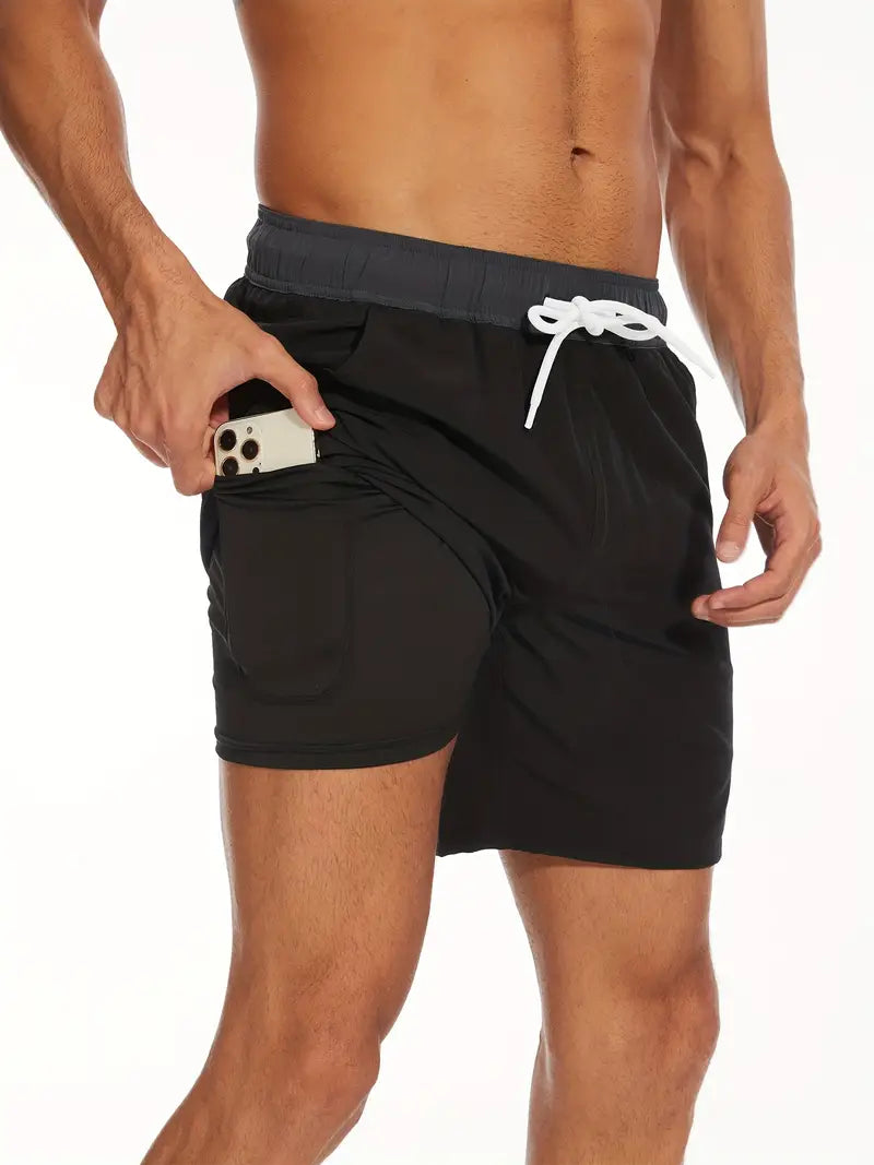 Men's Quick-Dry Drawstring Beach Shorts with Phone Pocket