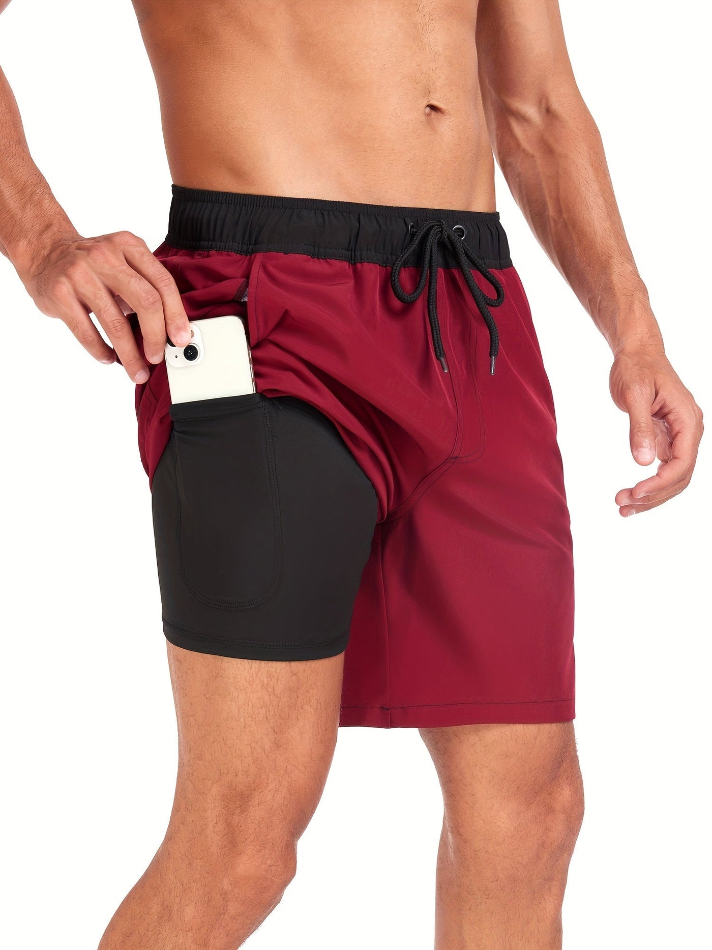 Men's Quick-Dry Drawstring Beach Shorts with Phone Pocket