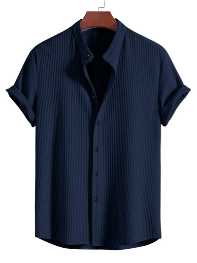 Men’s Ribbed Stand Collar Shirt Button Down Top