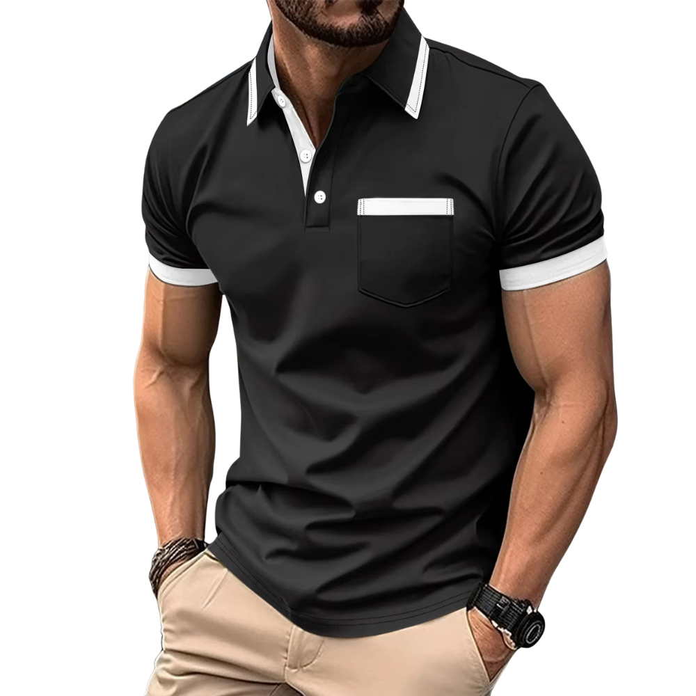 Men's Short Sleeve Polo Shirt with Turn-Down Collar and Chest Pocket