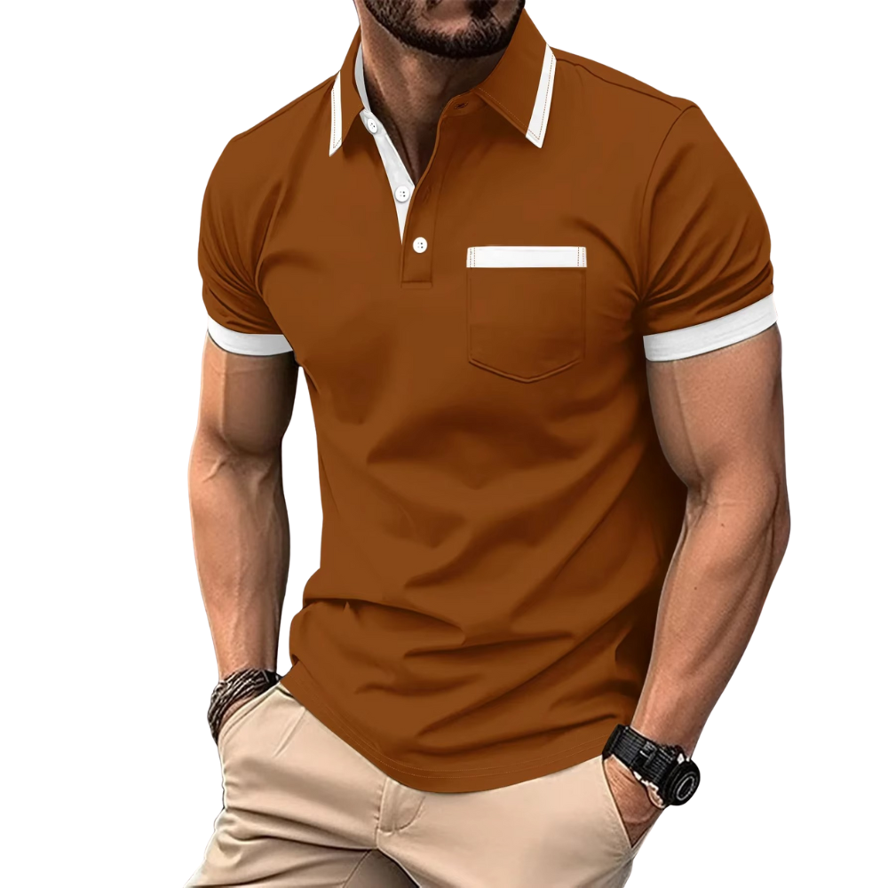 Men's Short Sleeve Polo Shirt with Turn-Down Collar and Chest Pocket