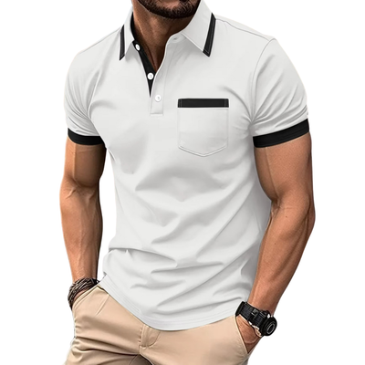 Men's Short Sleeve Polo Shirt with Turn-Down Collar and Chest Pocket