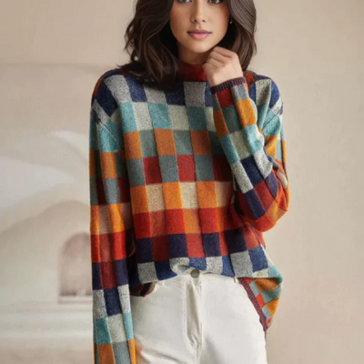 Mira | Checkerboard High Neck Wool-Look Sweater
