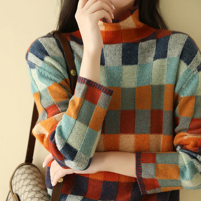 Mira | Checkerboard High Neck Wool-Look Sweater