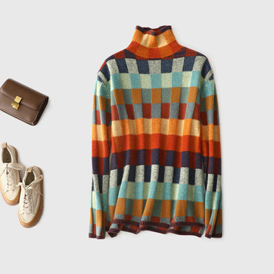 Mira | Checkerboard High Neck Wool-Look Sweater