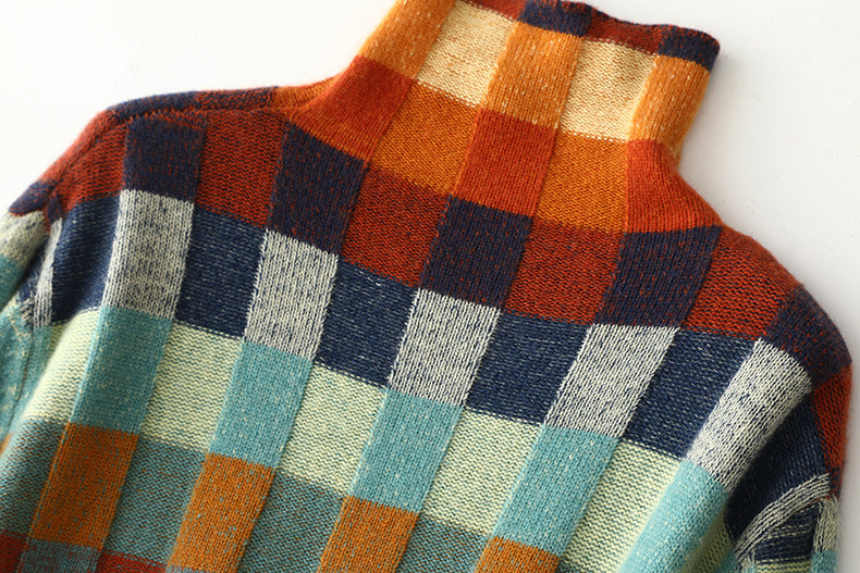 Mira | Checkerboard High Neck Wool-Look Sweater