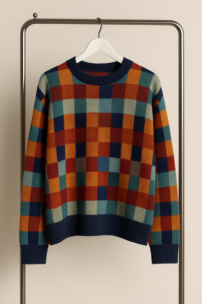 Mira | Checkerboard High Neck Wool-Look Sweater