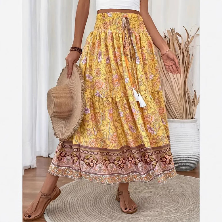 Women's Bohemian Tiered Maxi Skirt with Floral Print