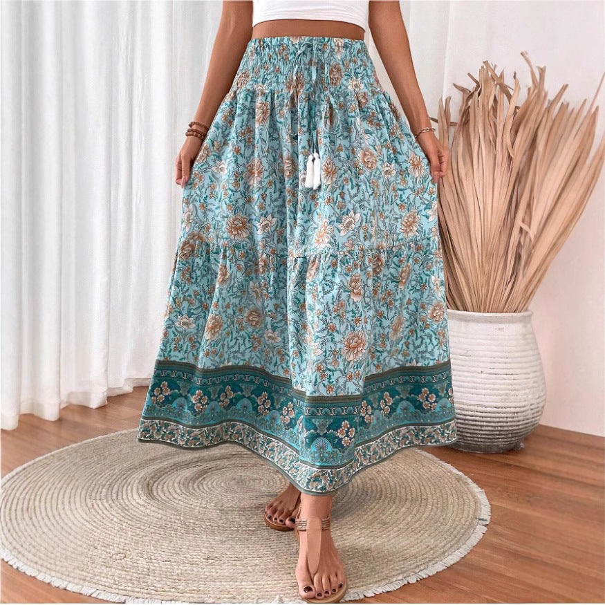 Women's Bohemian Tiered Maxi Skirt with Floral Print