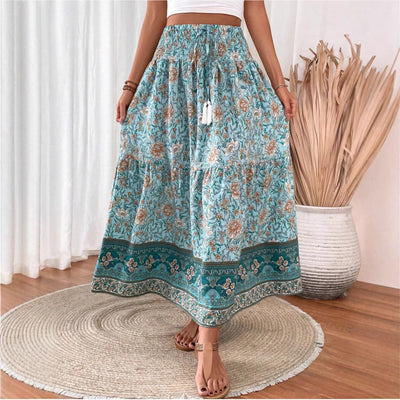 Women's Bohemian Tiered Maxi Skirt with Floral Print