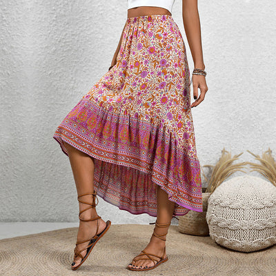 Women's Boho High-Low Skirt with Smocked Waist and Floral Print Design