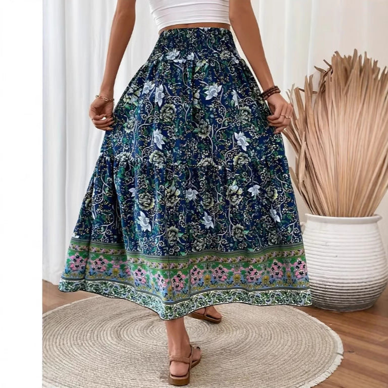 Women's Bohemian Tiered Maxi Skirt with Floral Print