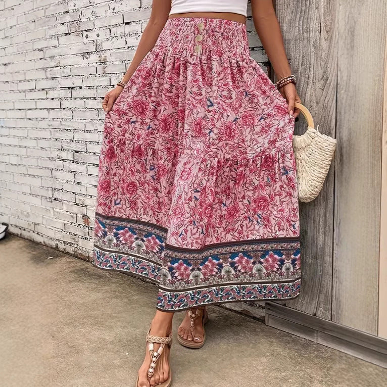 Women's Bohemian Tiered Maxi Skirt with Floral Print