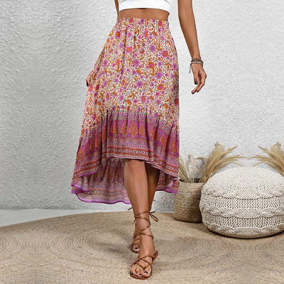 Women's Boho High-Low Skirt with Smocked Waist and Floral Print Design