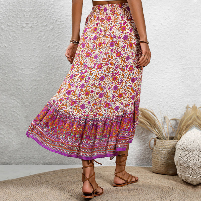 Women's Boho High-Low Skirt with Smocked Waist and Floral Print Design