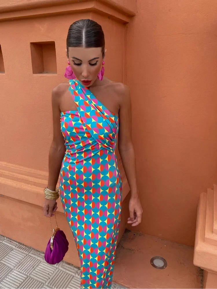 One Shoulder Multicolor Maxi Dress Geometric Design