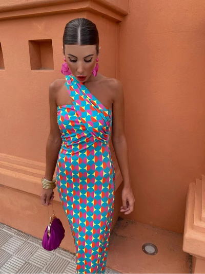 One Shoulder Multicolor Maxi Dress Geometric Design