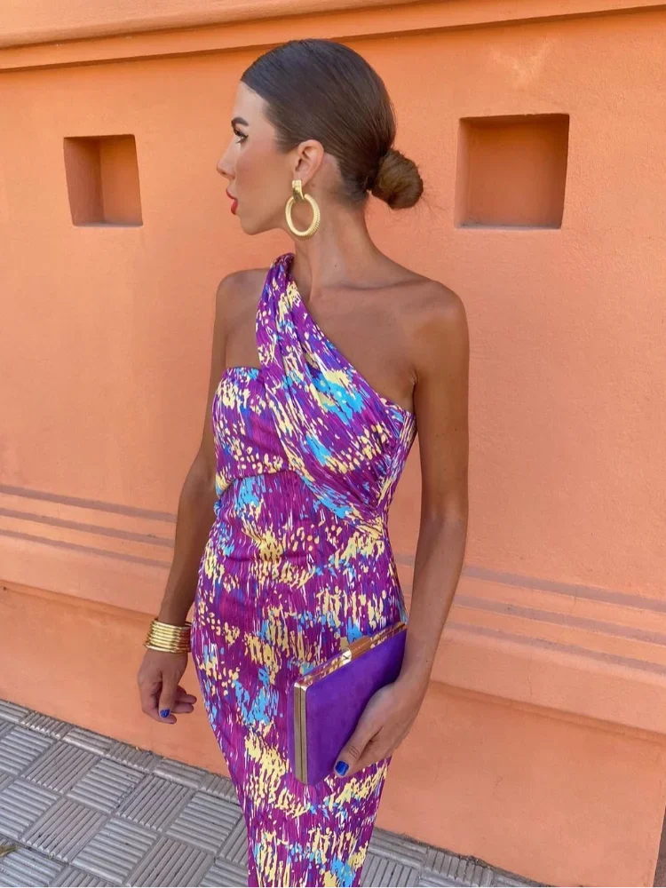 One Shoulder Multicolor Maxi Dress Geometric Design