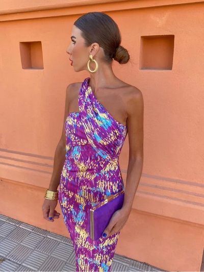 One Shoulder Multicolor Maxi Dress Geometric Design