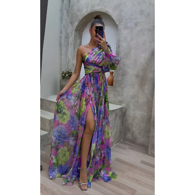 One Shoulder Floral Maxi Dress with Slit for Women