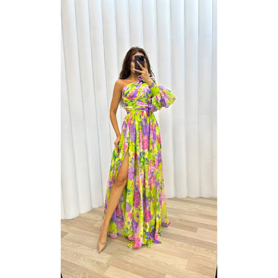 One Shoulder Floral Maxi Dress with Slit for Women