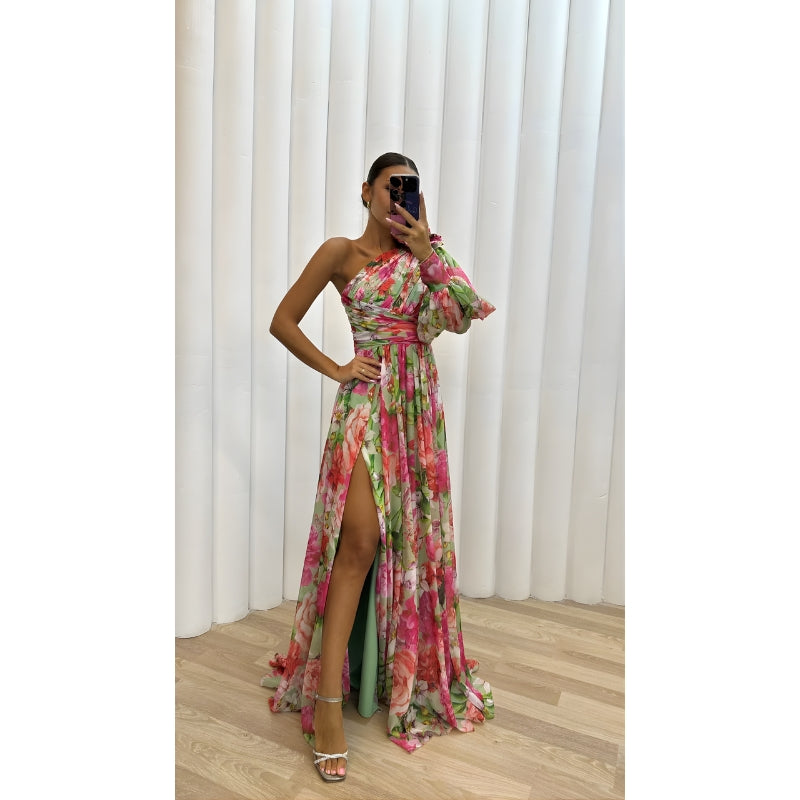 One Shoulder Floral Maxi Dress with Slit for Women