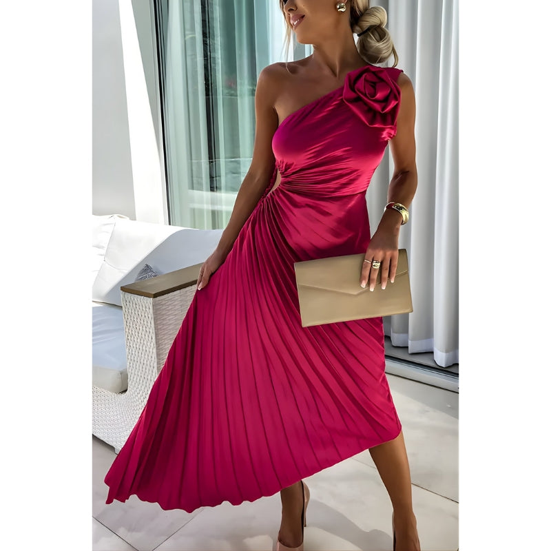 One Shoulder Pleated Midi Dress with Floral Detail