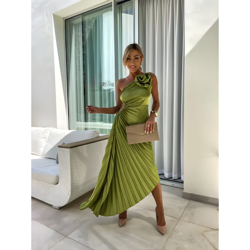 One Shoulder Pleated Midi Dress with Floral Detail