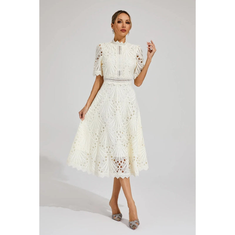 Lace Midi Dress with Short Sleeves and High Neck