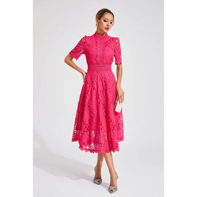 Lace Midi Dress with Short Sleeves and High Neck