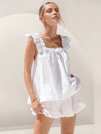 Women's Sleeveless Blouse and Ruffle Shorts Matching Set