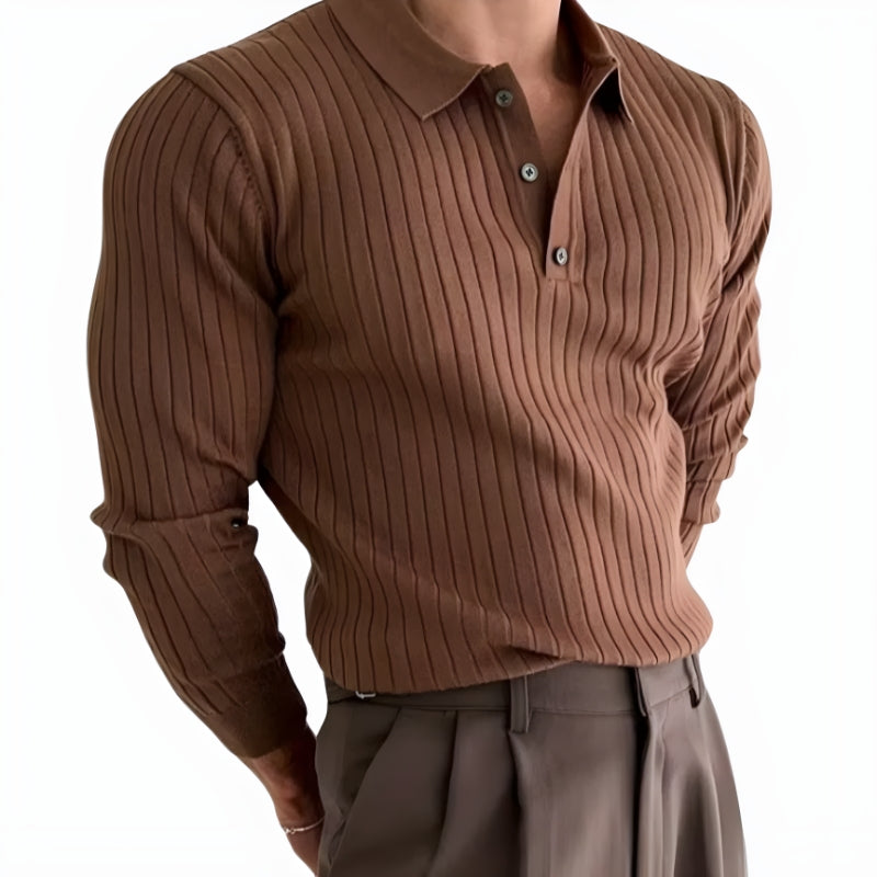 Ribbed Knit Long Sleeve Polo Top for Men